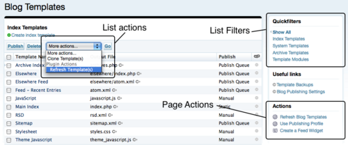 Page Actions, List Filters and Quicklinks
